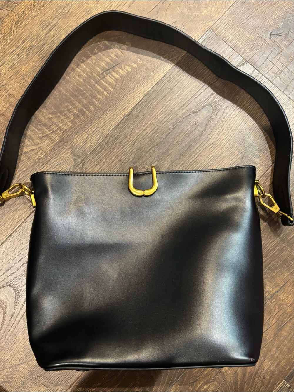 Madison West Classic Black Leather Shoulder Bag with Gold Hardware